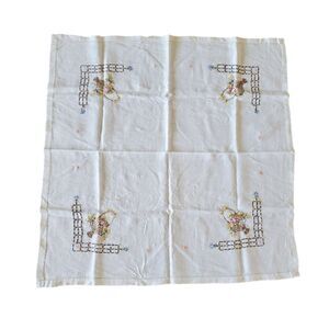 Vintage White Linen Hand Embroidered Floral Square Tablecloth 31" x 31"